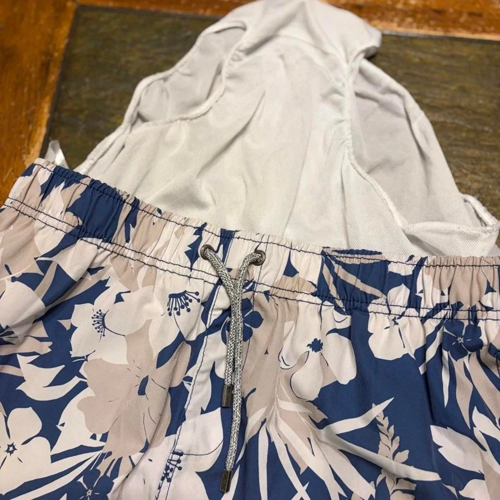 Vintage Summer Mens Tropical Floral Swim Trunks Blue Cream Large V70807SET